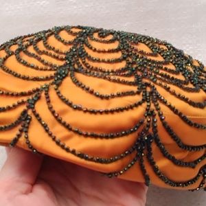 Ornate Pillbox Gold Hat w/ black glass beads